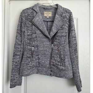 Lucky Brand Tweed Moto Jacket Knit Sweater‎ Full Zip Pockets Blue White Sz Small